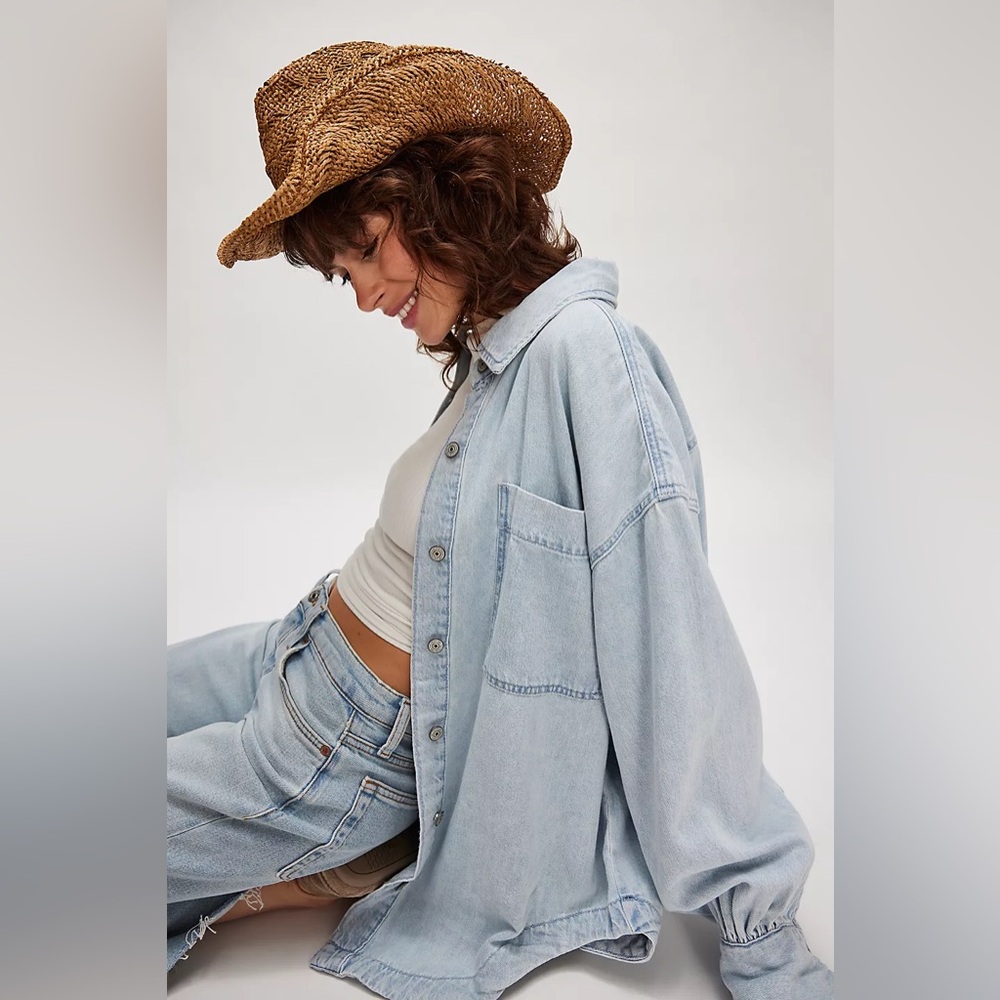 Free People Light Wash Blue Oversized Button-Down Shirt